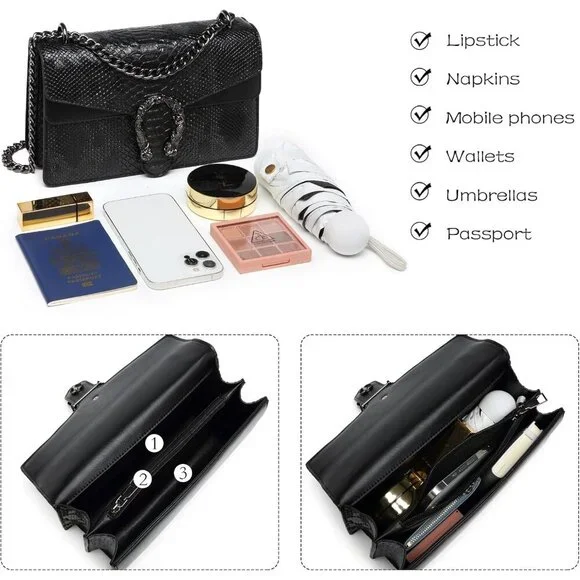 Snake Print Leather Blue Crossbody Bag for Women Chain Strap and Clutch Style - Picture 4 of 7